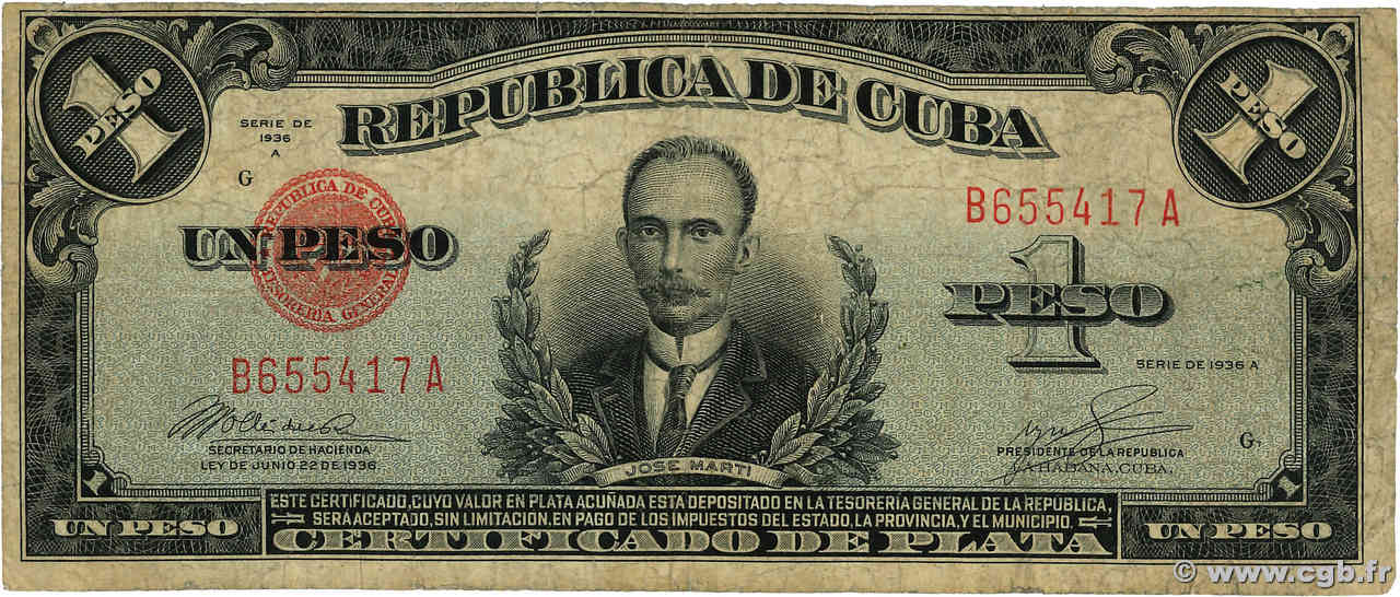 1 Peso KUBA  1936 P.069c SGE