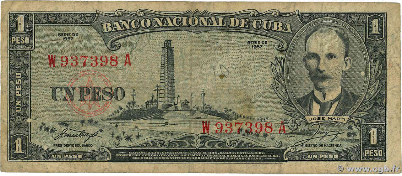 1 Peso CUBA  1957 P.087b VG