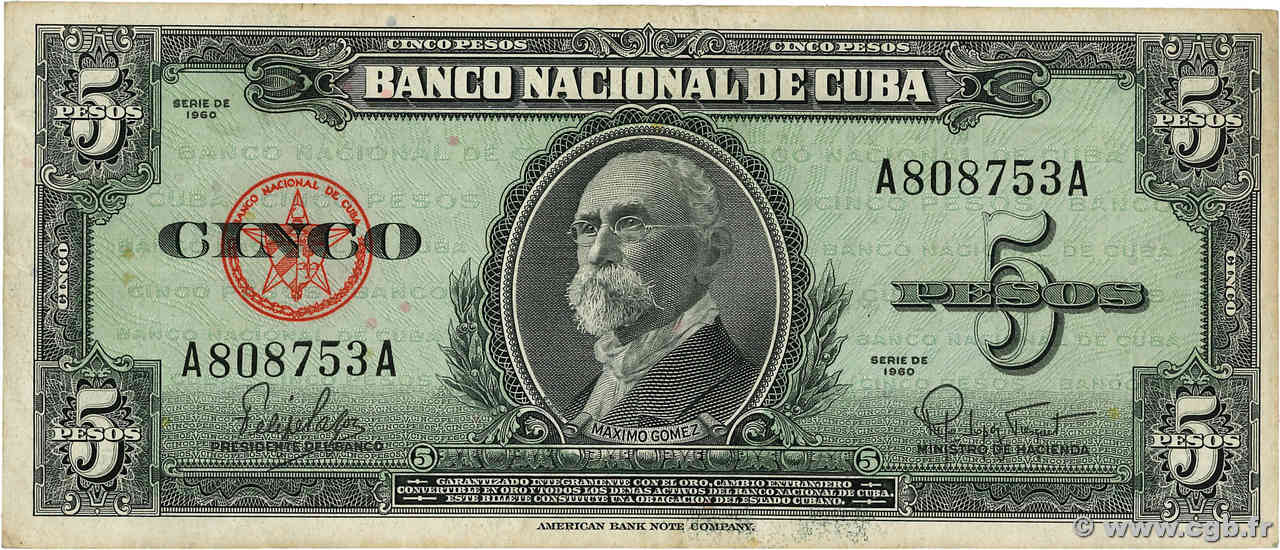 5 Pesos CUBA  1960 P.092a BC+