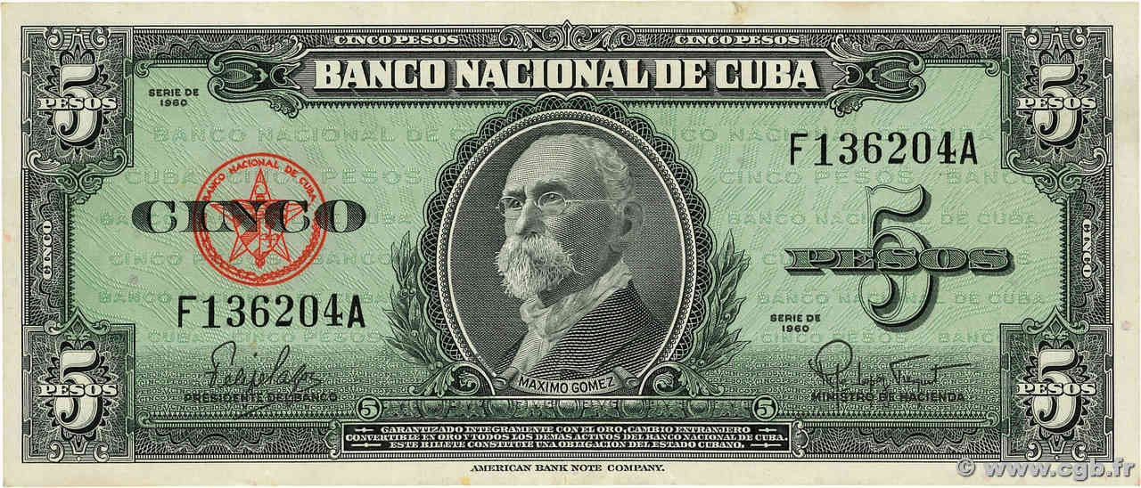 5 Pesos CUBA  1960 P.092a VF