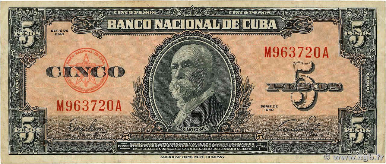 5 Pesos CUBA  1949 P.078a q.BB