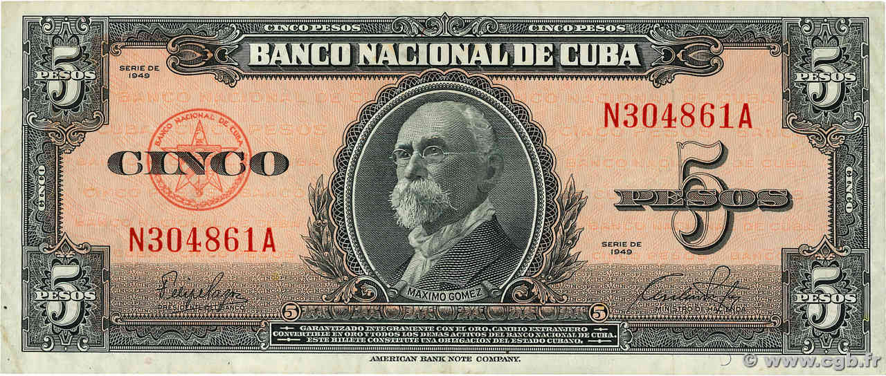 5 Pesos CUBA  1949 P.078a TTB