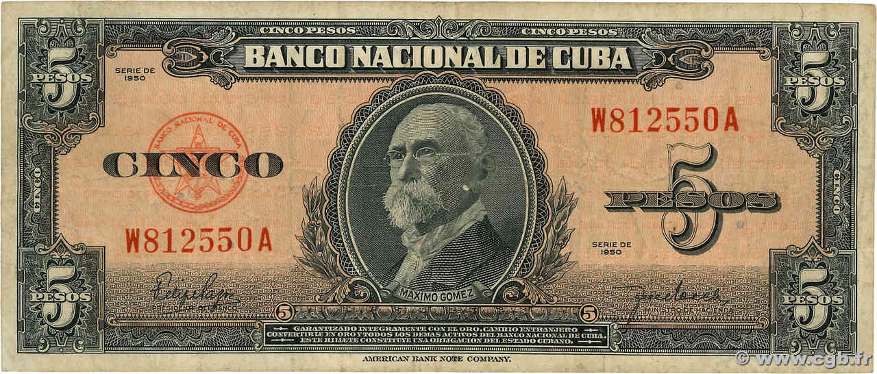 5 Pesos CUBA  1949 P.078b q.MB