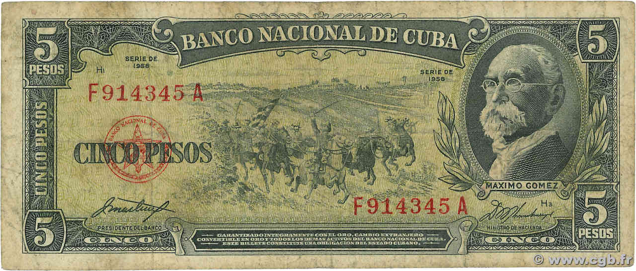 5 Pesos CUBA  1958 P.091a G