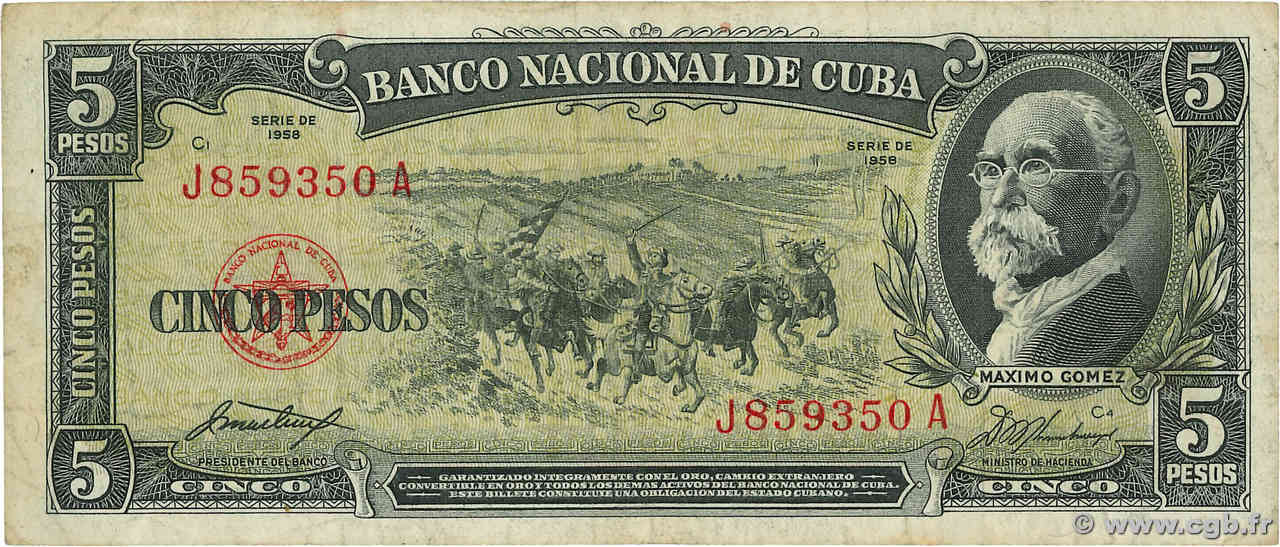 5 Pesos CUBA  1958 P.091a F