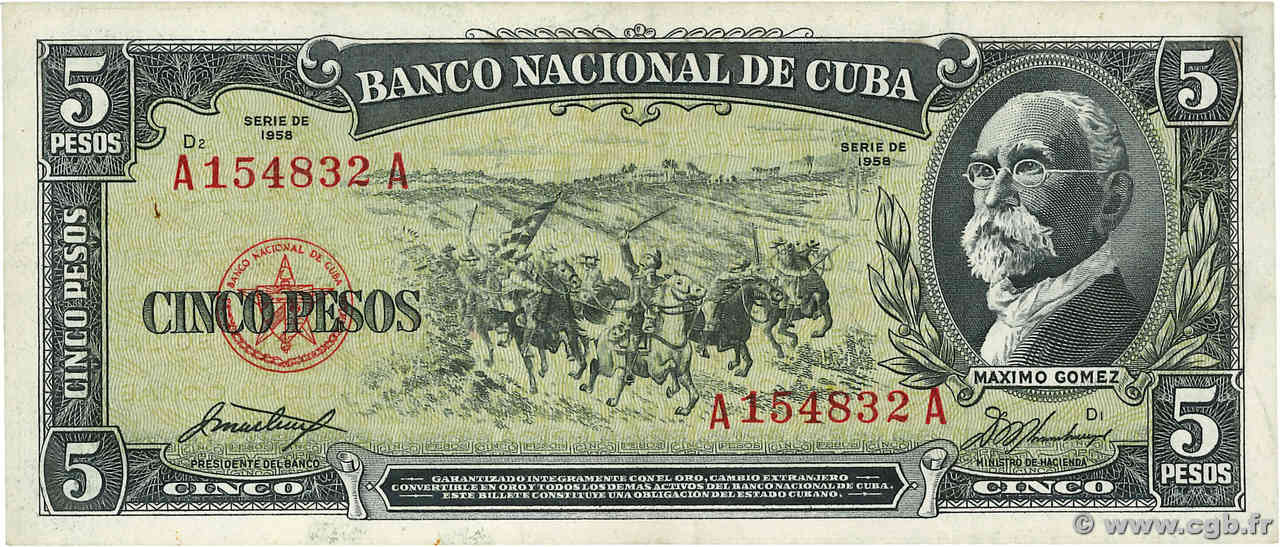 5 Pesos CUBA  1958 P.091a BB