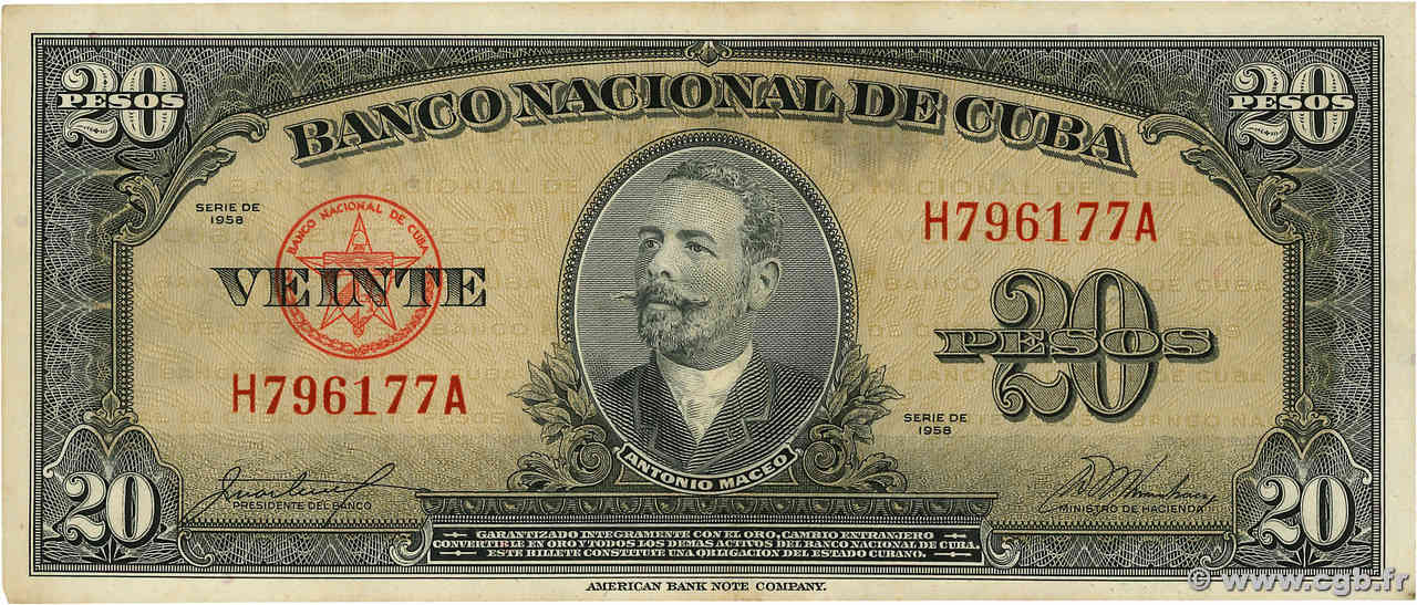 20 Pesos  CUBA  1958 P.080b VF