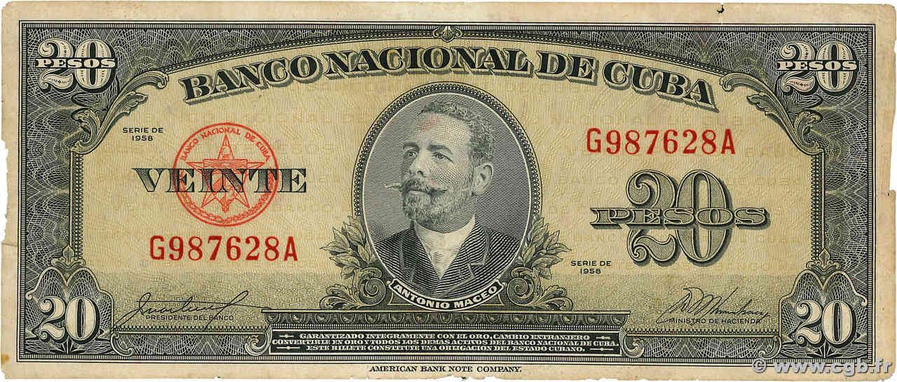 20 Pesos  CUBA  1958 P.080b VG