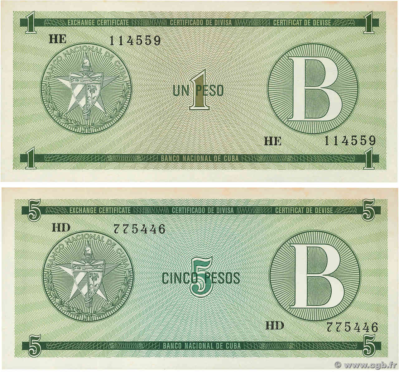 1 et 5 Pesos Lot CUBA  1985 P.FX06 et 07 AU