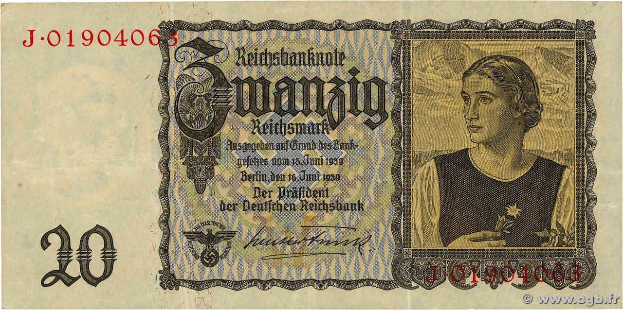 20 Reichsmark GERMANY  1939 P.185 VF+