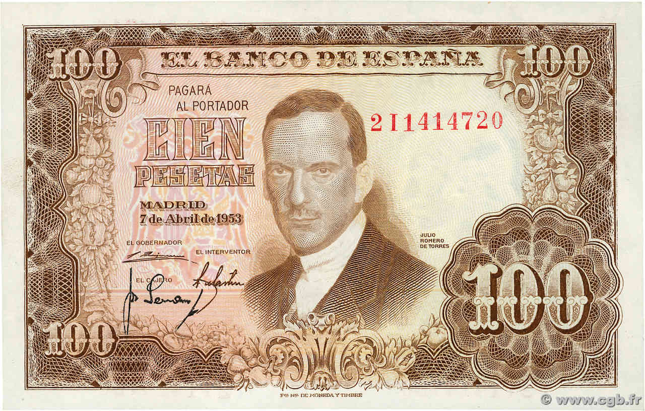 100 Pesetas ESPAÑA  1953 P.145 EBC