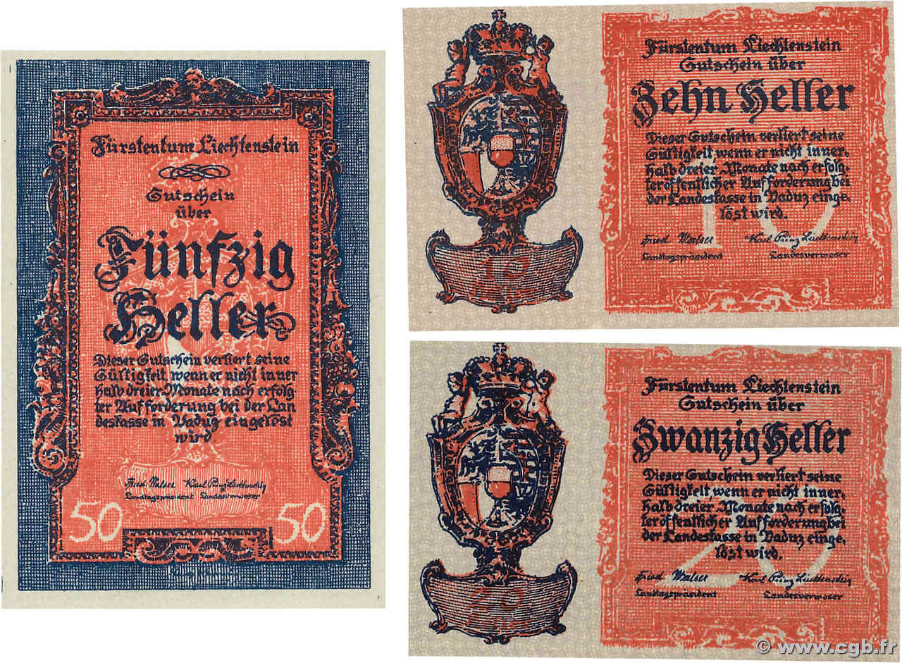 10, 20 et 50 Heller Lot LIECHTENSTEIN  1920 P.01, P.02 et P.03 UNC