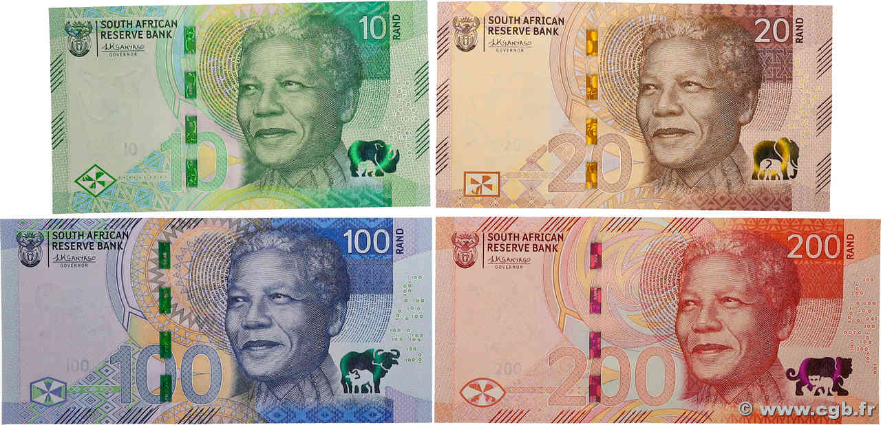 10, 20,100 et 200 Rand Lot SUDÁFRICA  2023 P.148, P.149, P.151 et P.152 SC+