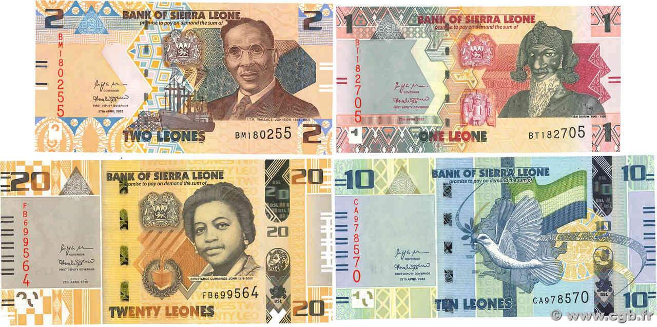 1, 2, 10 et 20 Leones Lot SIERRA LEONE  2022 P.34, P.35, P.37 et P.38 pr.NEUF