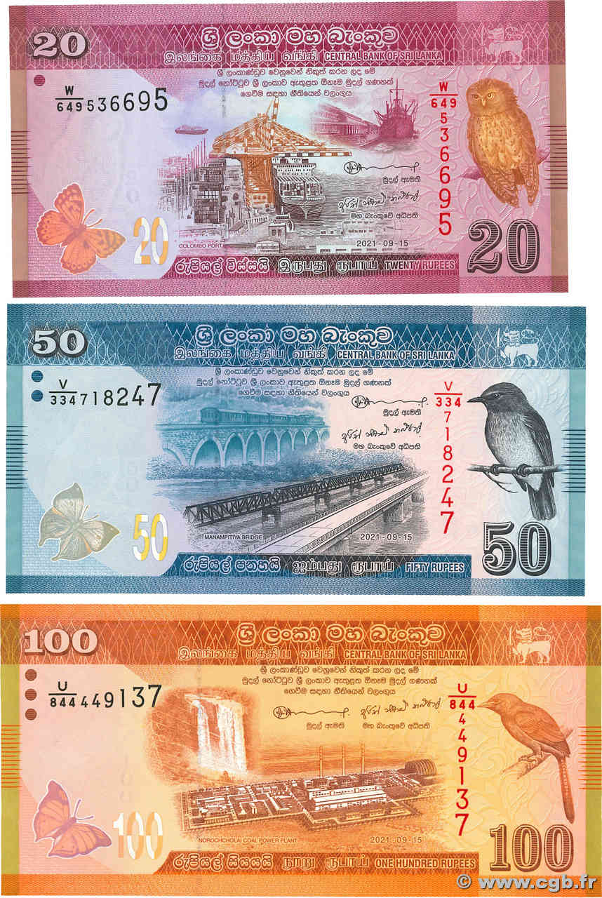 20, 50 et 100 Rupees Lot SRI LANKA  2021 P.123, P124 et P.125 NEUF