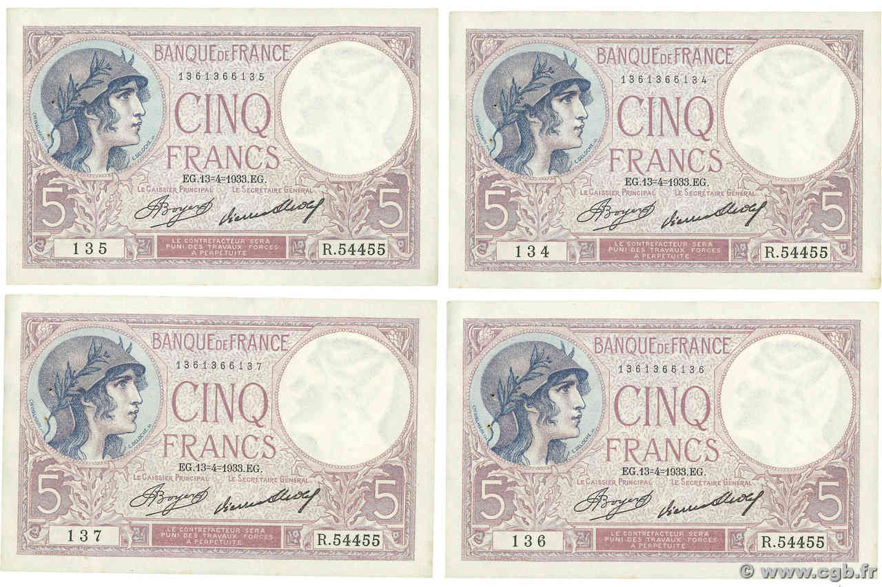 5 Francs FEMME CASQUÉE Lot FRANKREICH  1933 F.03.17 VZ