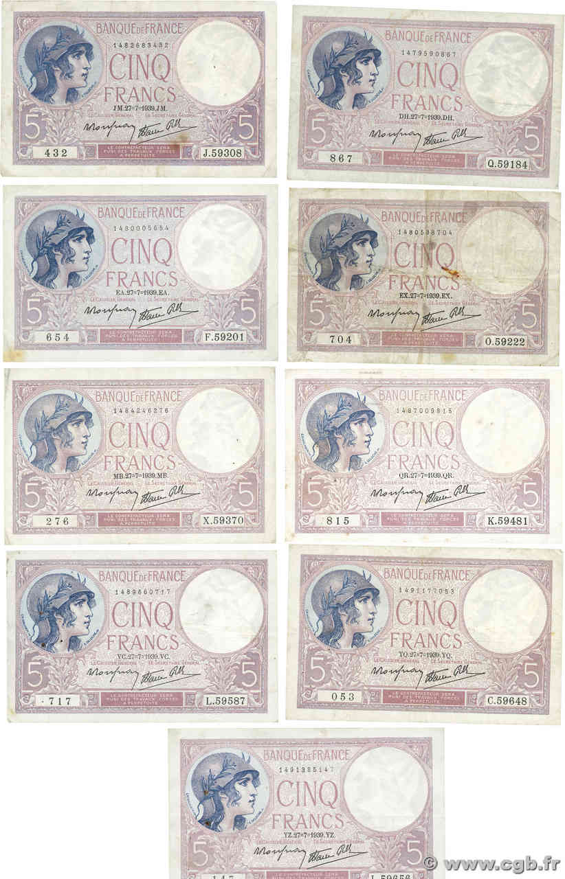 5 Francs FEMME CASQUÉE modifié Lot FRANKREICH  1939 F.04.03 fSS