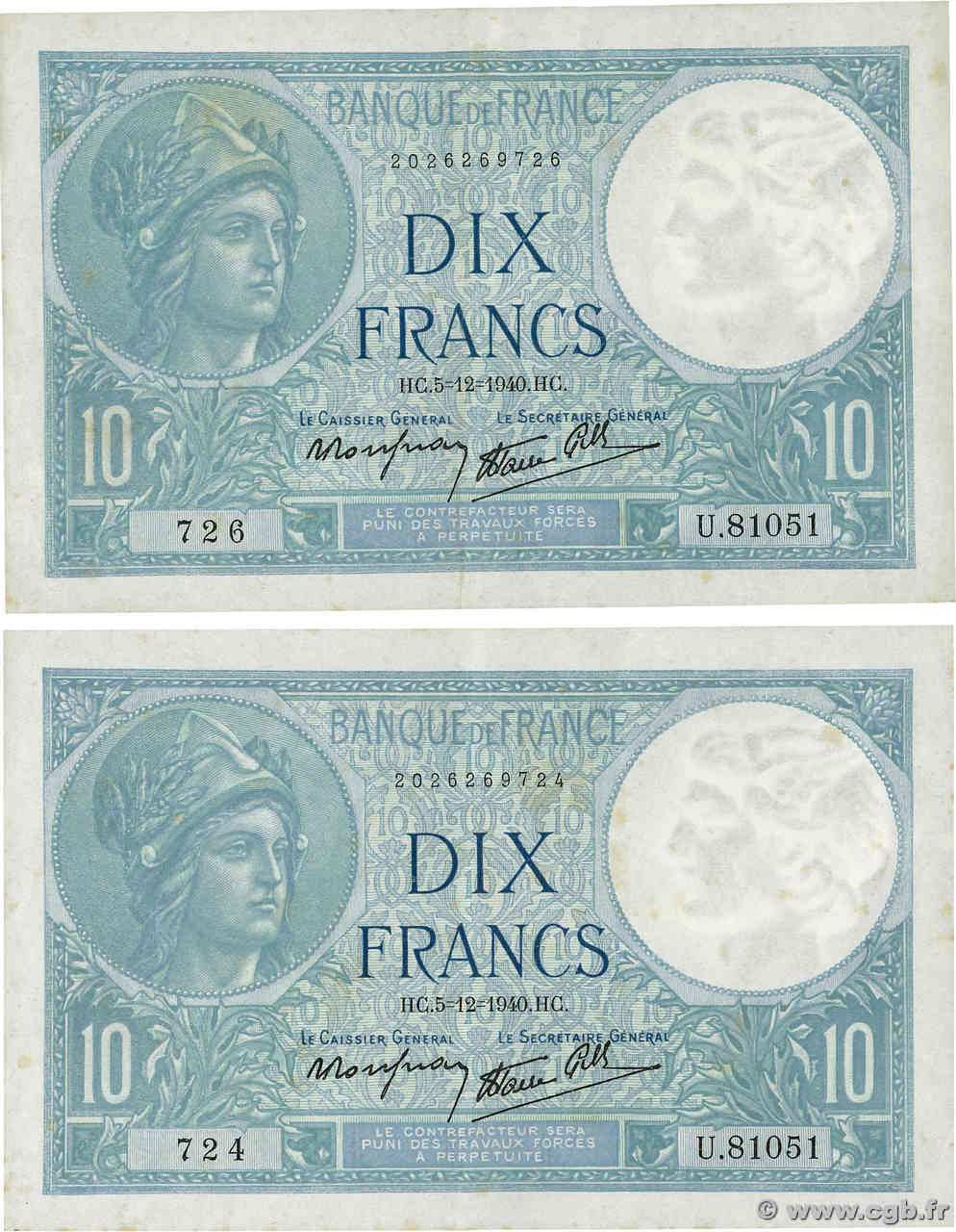 10 Francs MINERVE modifié Lot FRANCE  1940 F.07.23 TTB+