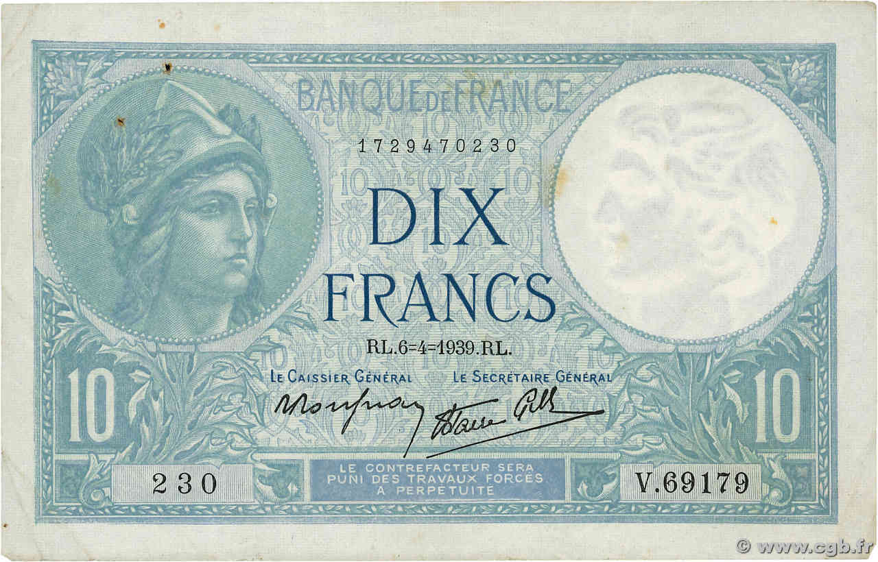 10 Francs MINERVE modifié FRANKREICH  1939 F.07.02 SS