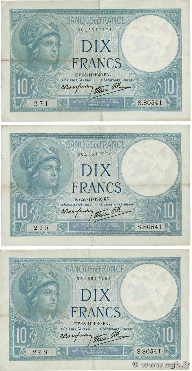 10 Francs MINERVE modifié FRANKREICH  1940 F.07.22 SS