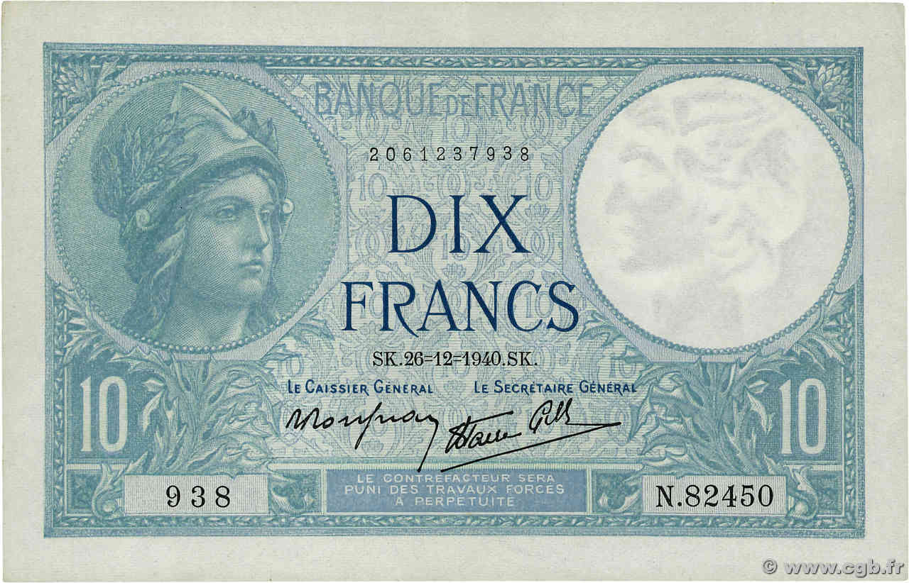 10 Francs MINERVE modifié FRANCIA  1940 F.07.25 EBC