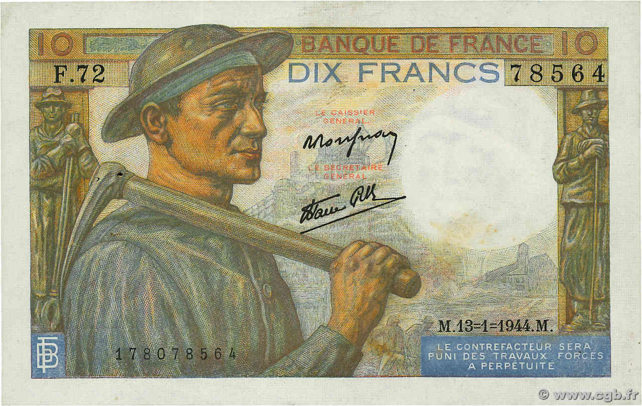 10 Francs MINEUR FRANCIA  1944 F.08.10 SPL