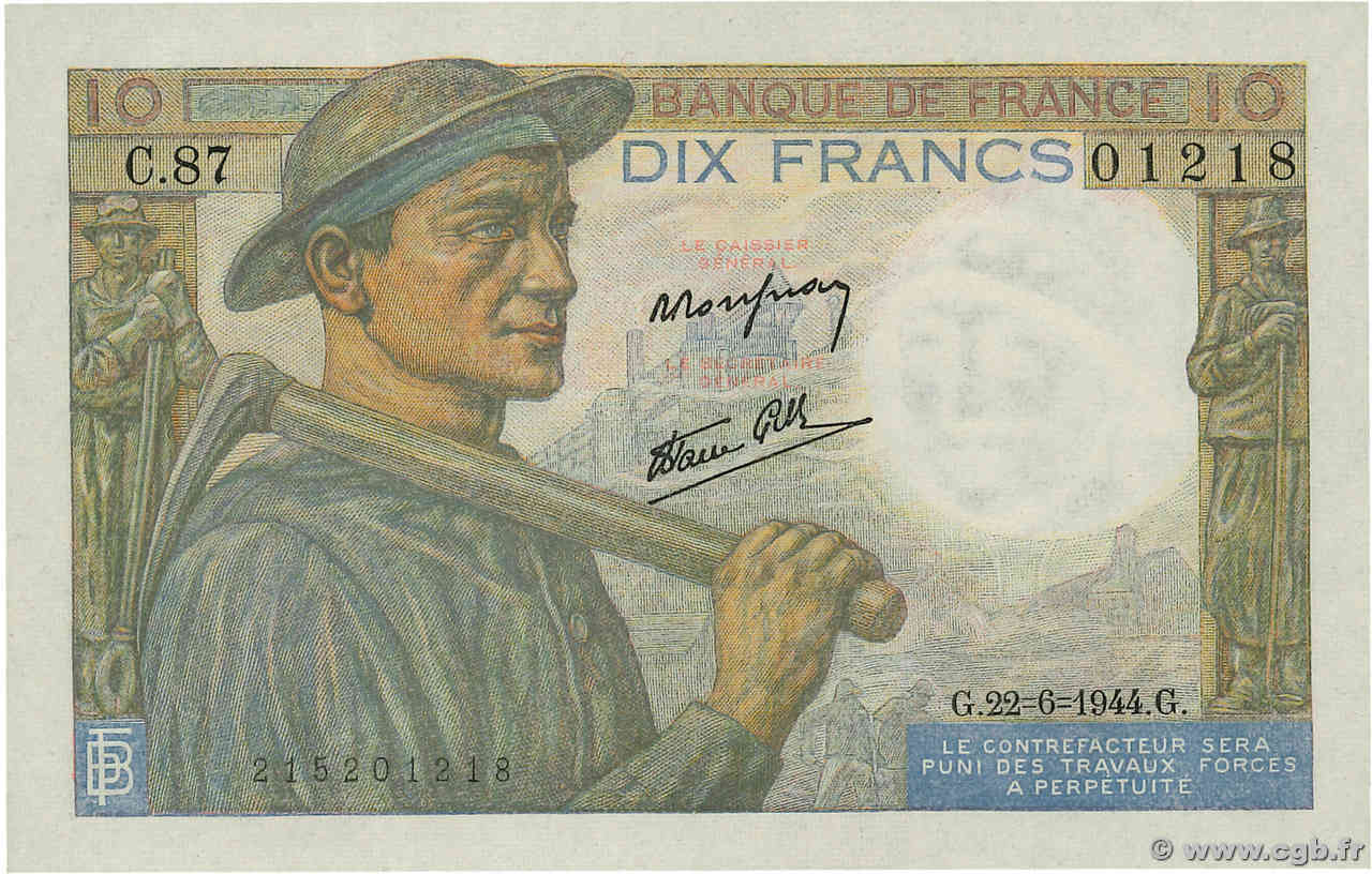 10 Francs MINEUR FRANCIA  1944 F.08.12 q.FDC