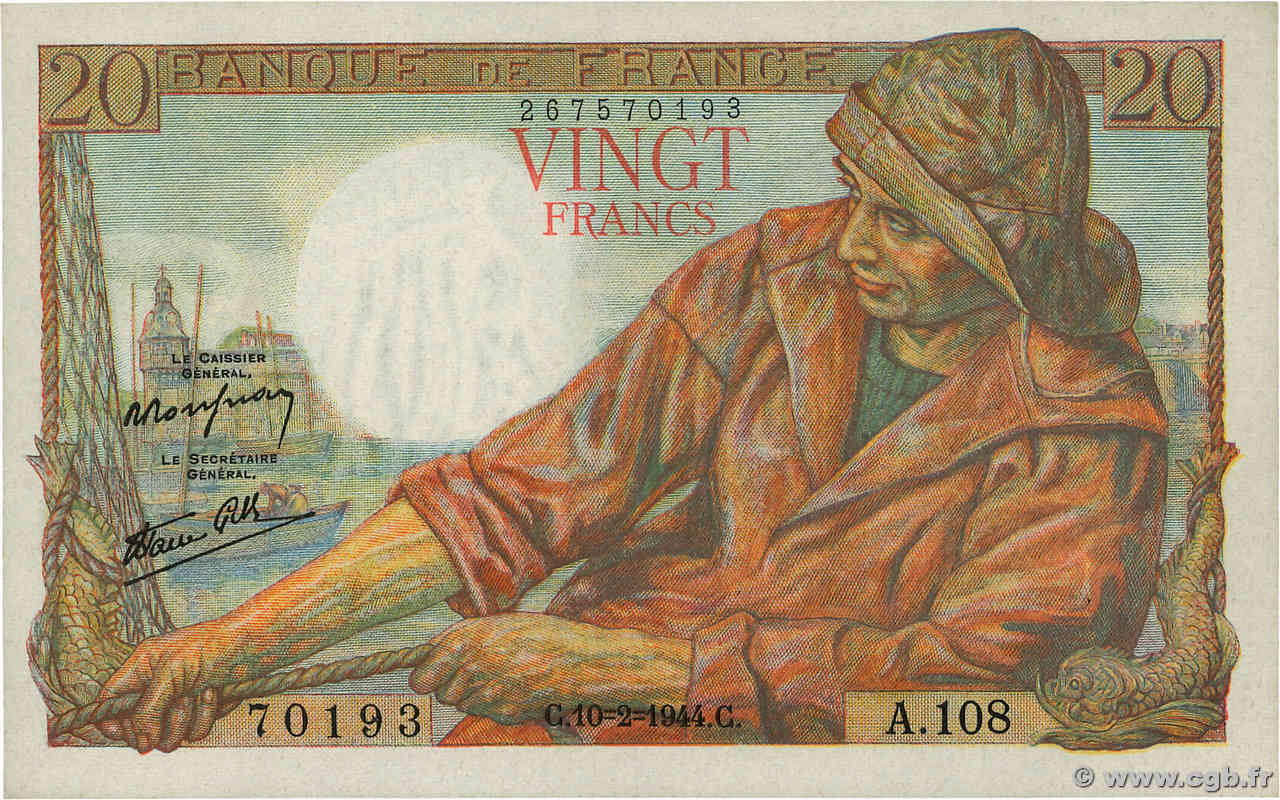 20 Francs PÊCHEUR FRANCIA  1944 F.13.08 FDC