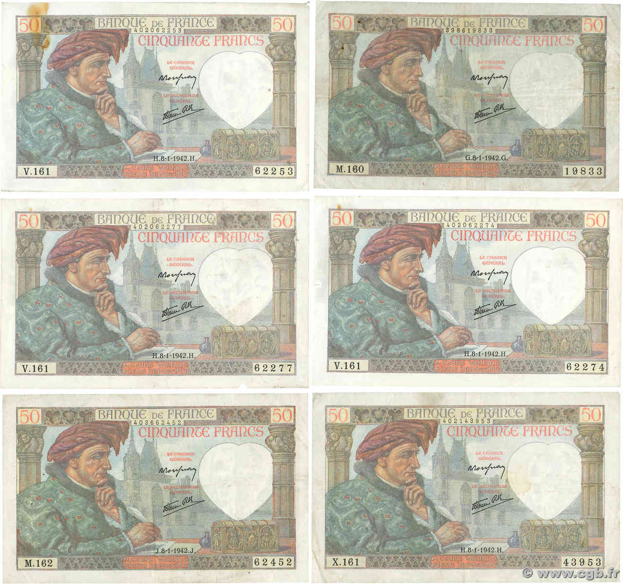 50 Francs JACQUES CŒUR Lot FRANCE  1942 F.19.18 VF