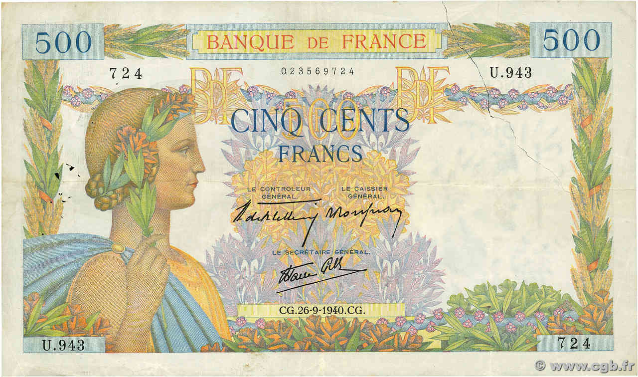 500 Francs LA PAIX FRANCE  1940 F.32.06 F