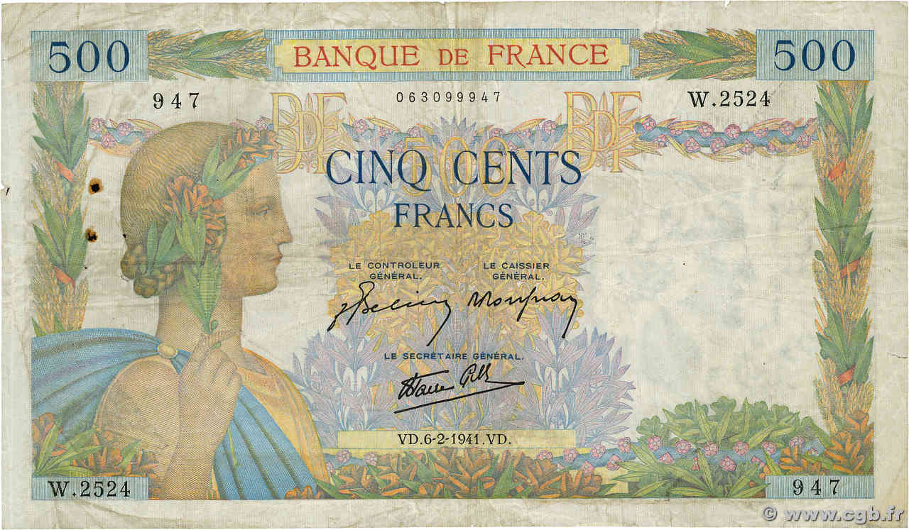 500 Francs LA PAIX FRANCE  1941 F.32.14 TB