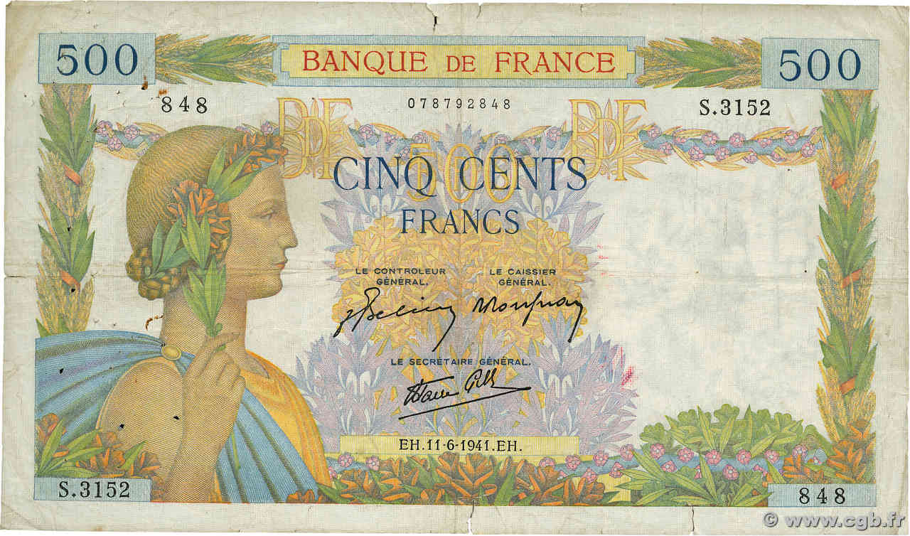 500 Francs LA PAIX FRANKREICH  1941 F.32.18 S