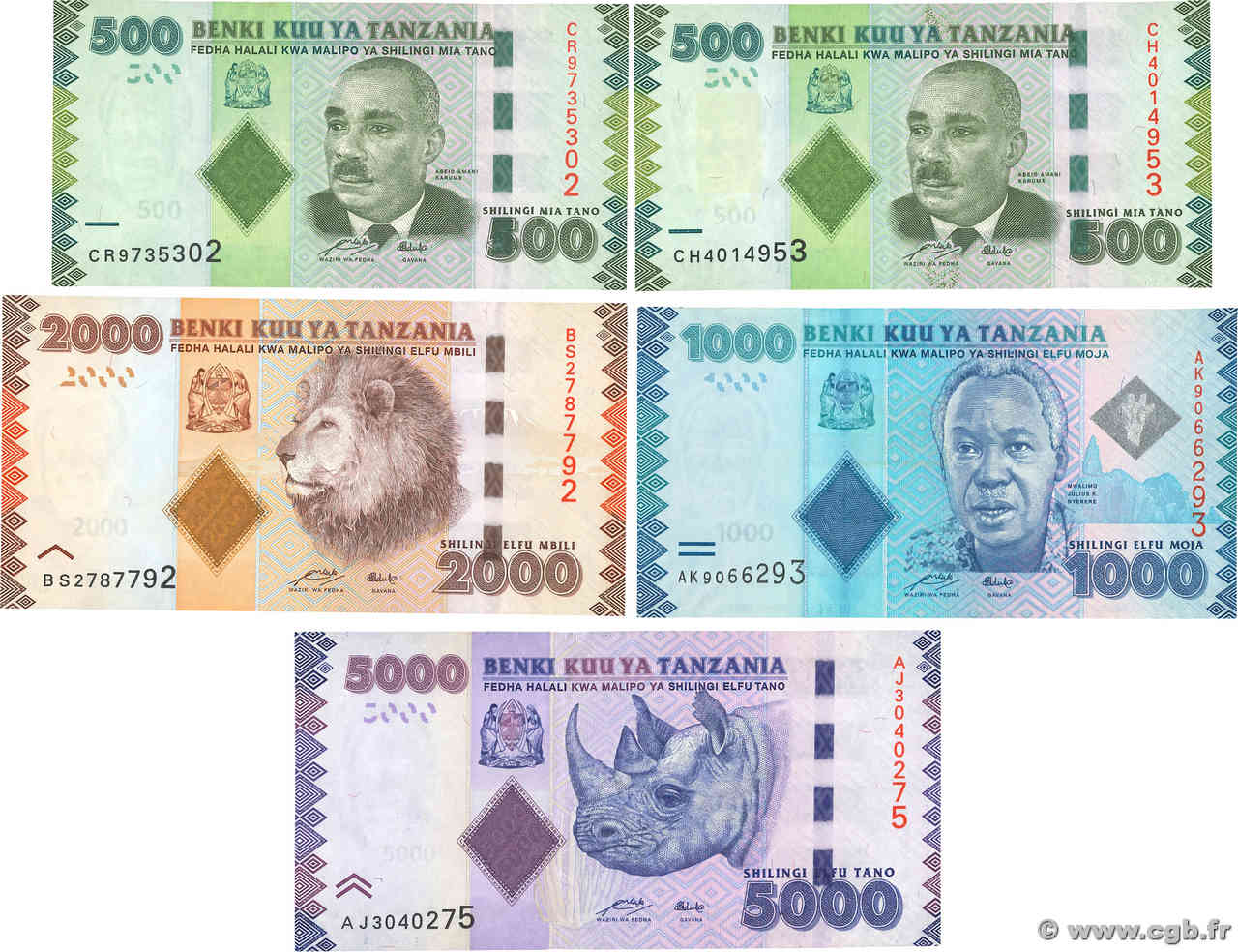 500 à 5000 Shilingi Lot TANZANIA  2010 P.40, P.41a, P.42a et P.43a VF - XF