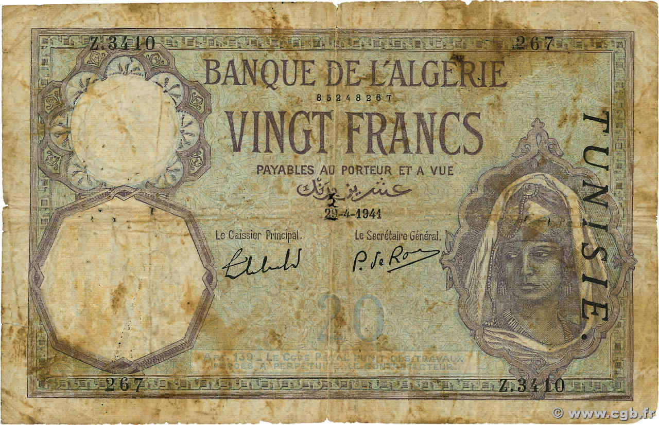 20 Francs TUNISIE  1941 P.06b B+