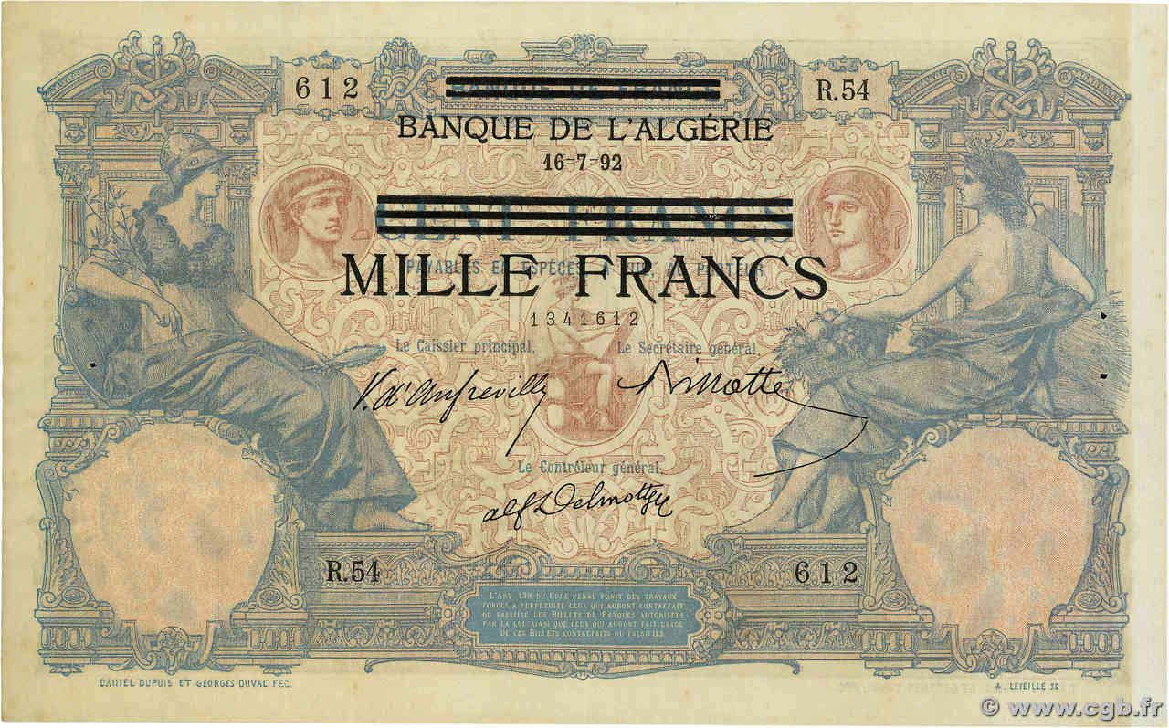 1000 Francs sur 100 Francs TUNISIA  1942 P.31 q.SPL