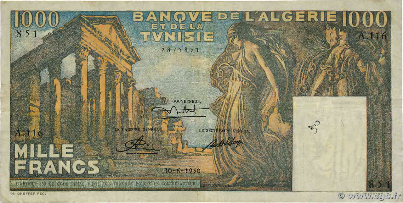 1000 Francs TUNESIEN  1950 P.29 S