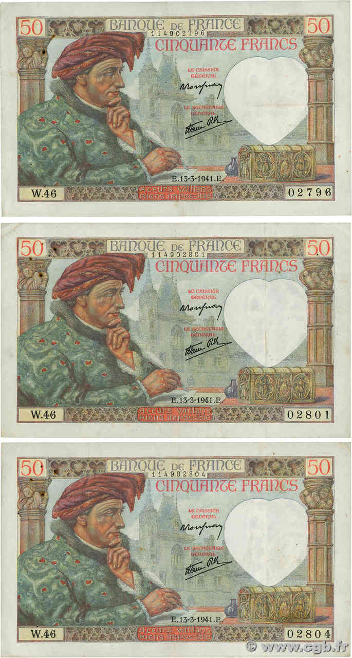 50 Francs JACQUES CŒUR Lot FRANCE  1941 F.19.07 TTB+