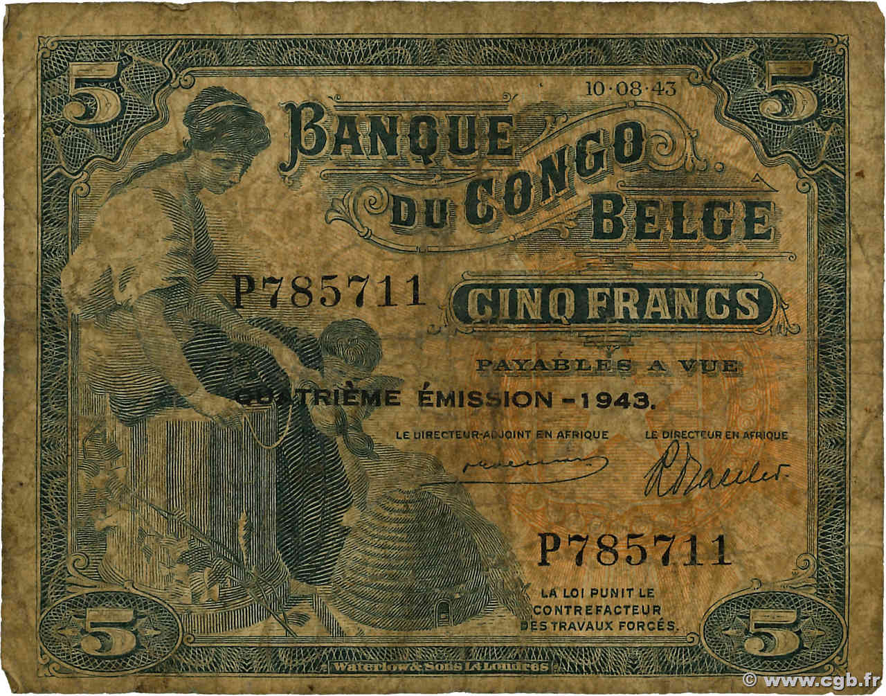 5 Francs CONGO BELGE  1943 P.13Ab B