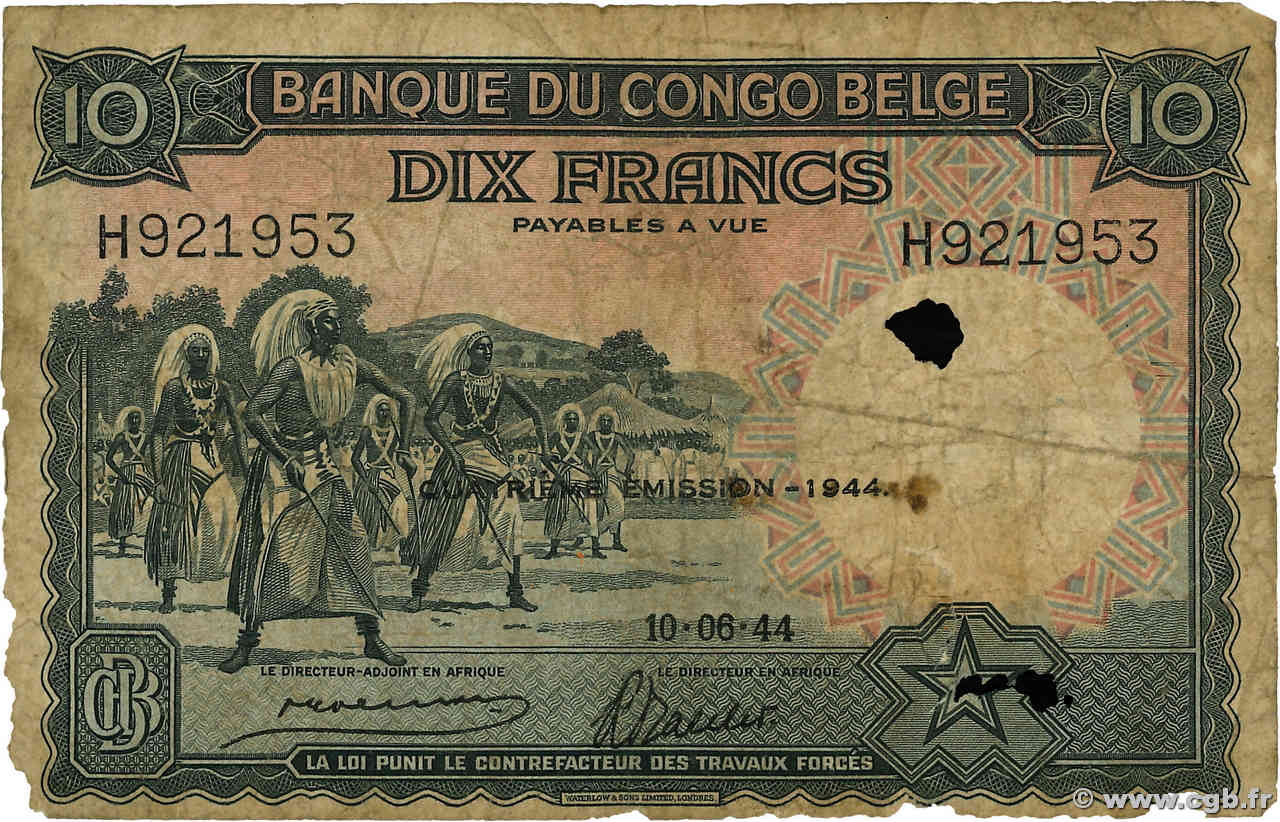 10 Francs BELGA CONGO  1944 P.14D MC