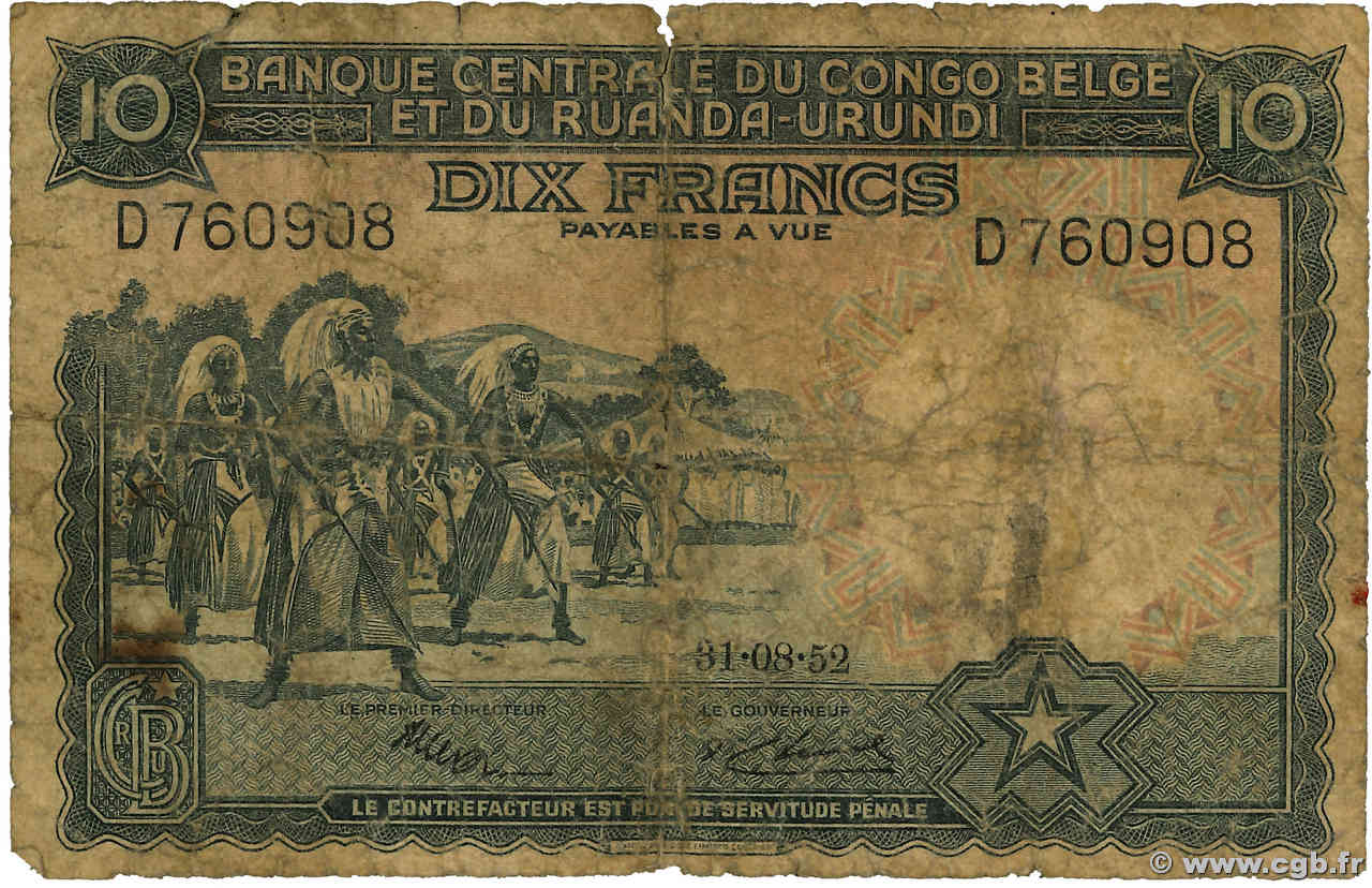 10 Francs CONGO BELGE  1952 P.22 B