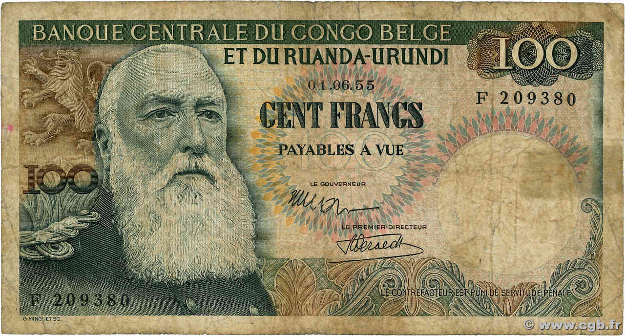 100 Francs CONGO BELGA  1955 P.33a q.MB