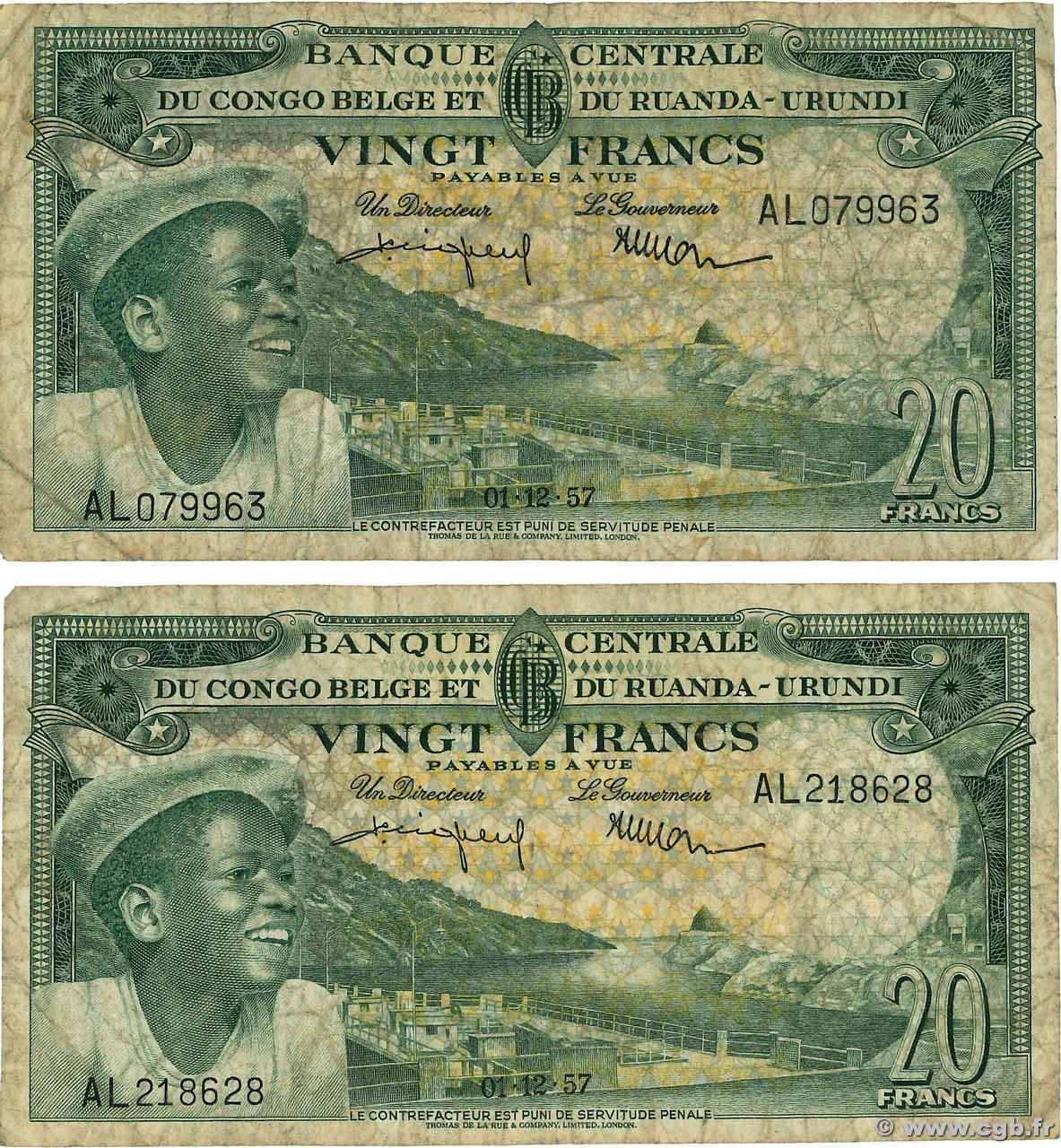 20 Francs Lot BELGA CONGO  1957 P.31 RC+