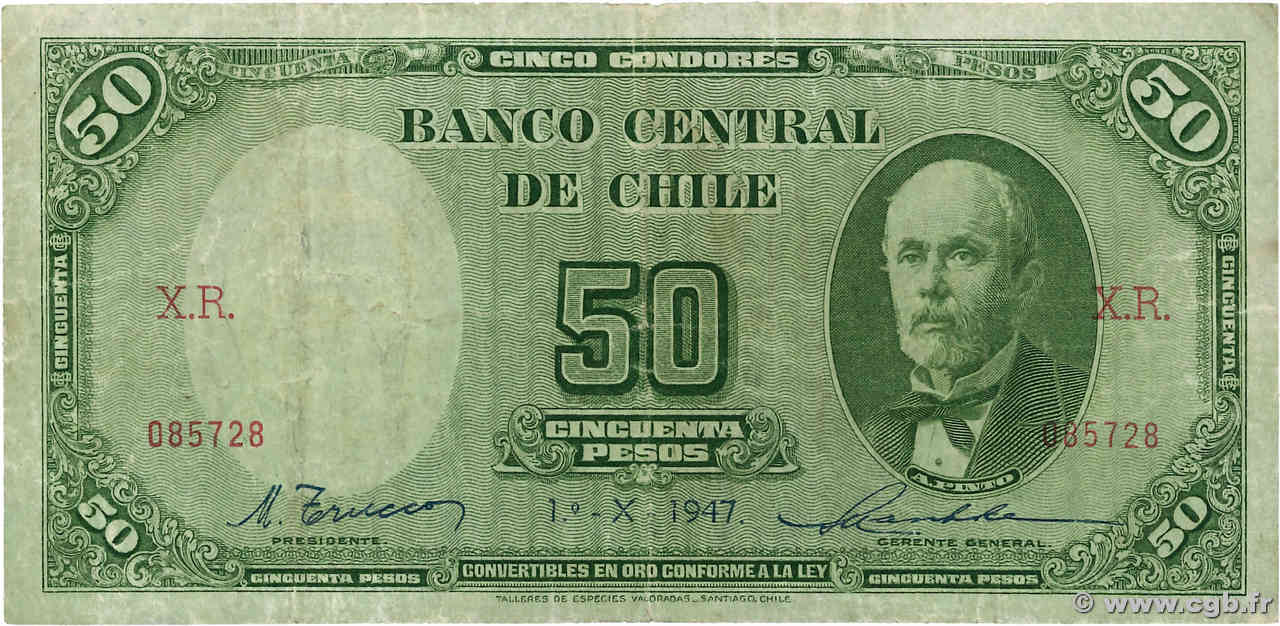 50 Pesos - 5 Condores CHILI  1947 P.104 TB