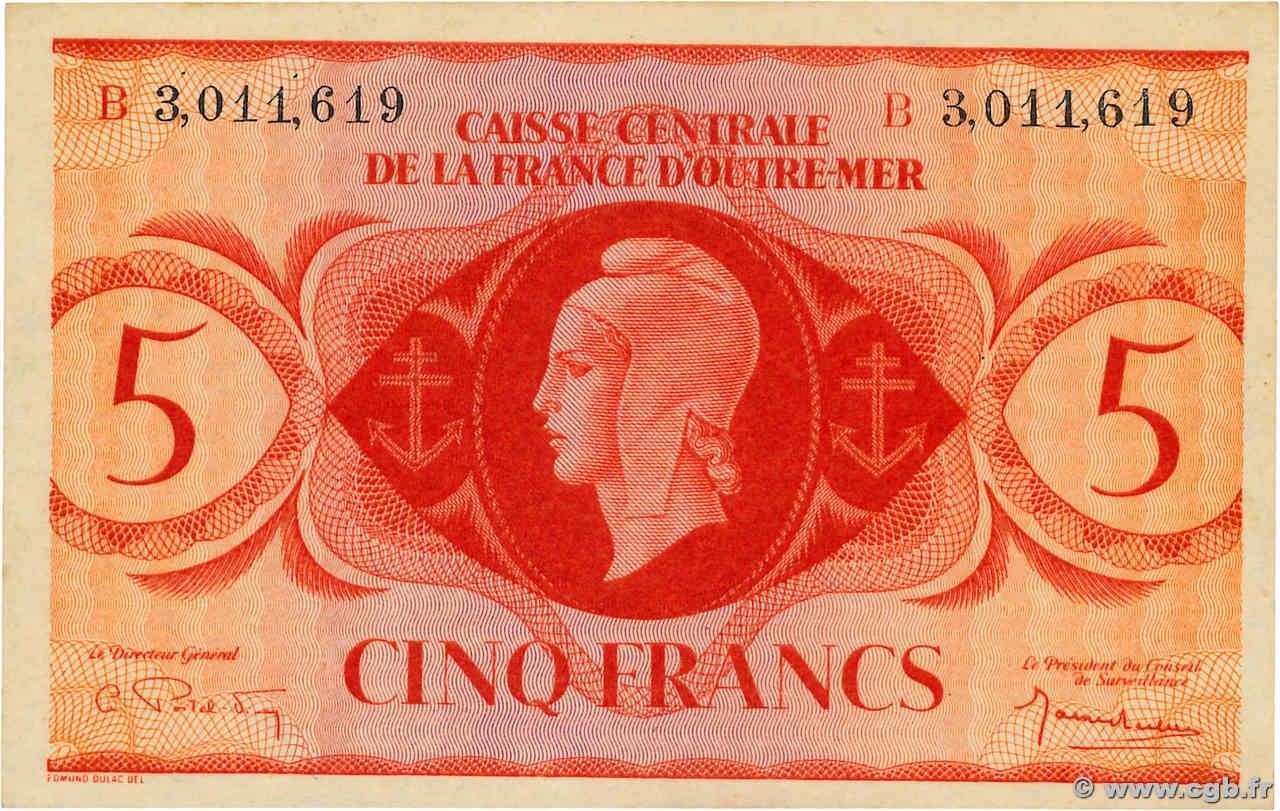 5 Francs FRENCH EQUATORIAL AFRICA  1944 P.15e AU+