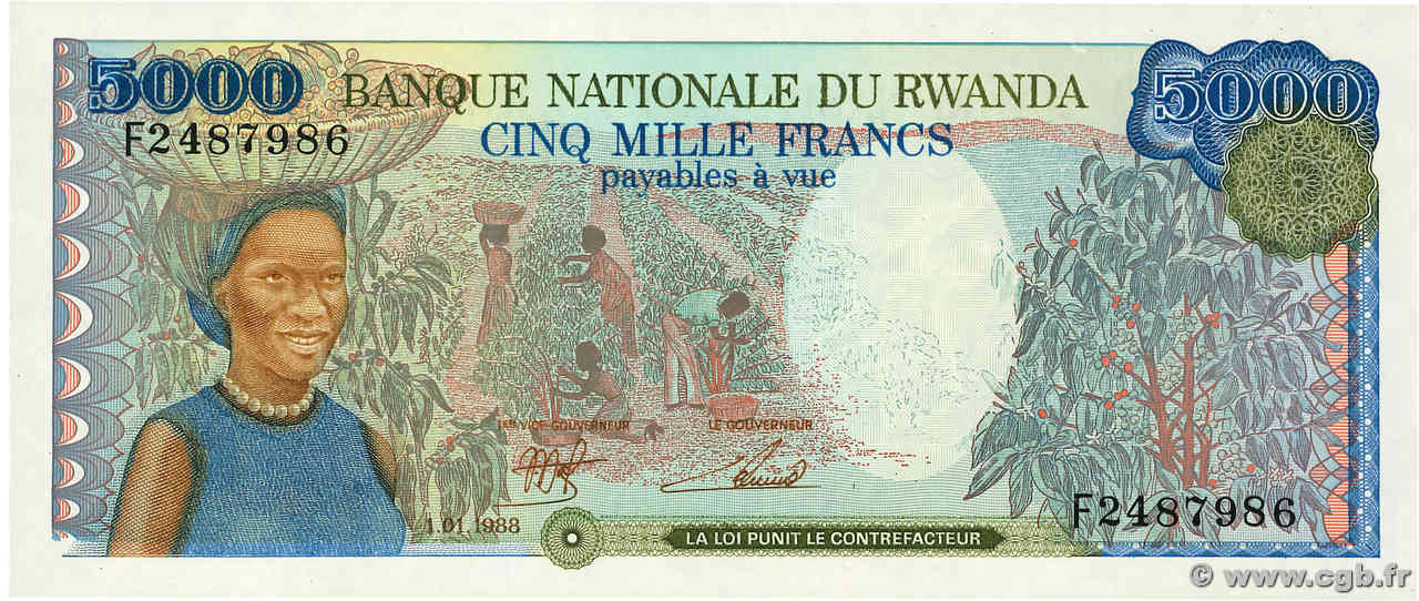 5000 Francs RUANDA  1988 P.22a FDC