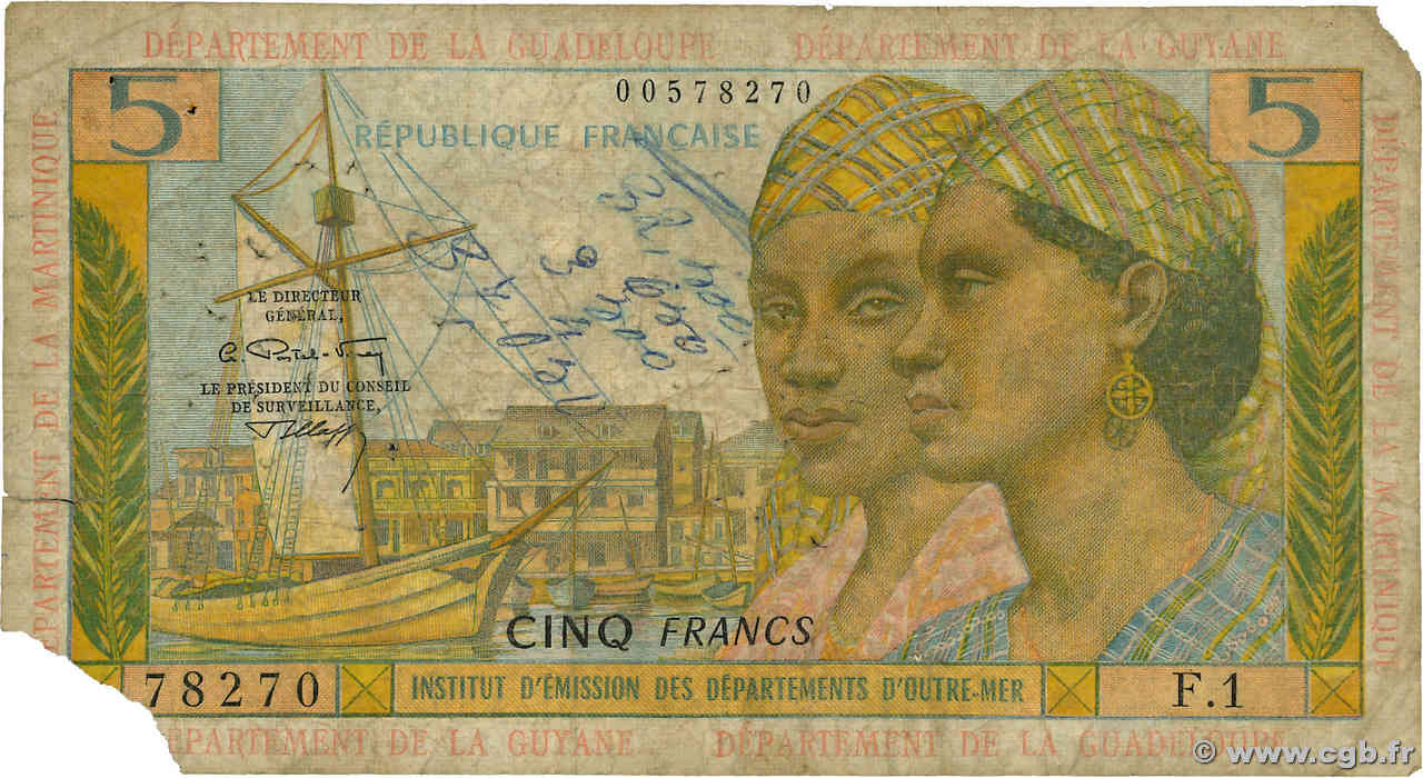 5 Francs FRENCH ANTILLES  1964 P.07b G