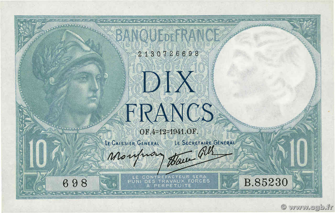 10 Francs MINERVE modifié FRANCIA  1941 F.07.30 AU+