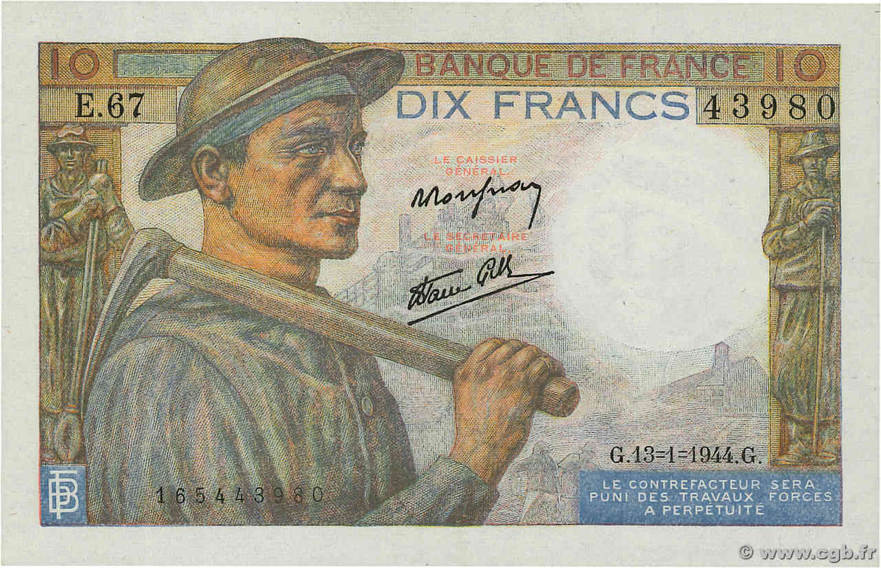 10 Francs MINEUR FRANCE  1944 F.08.10 pr.SPL