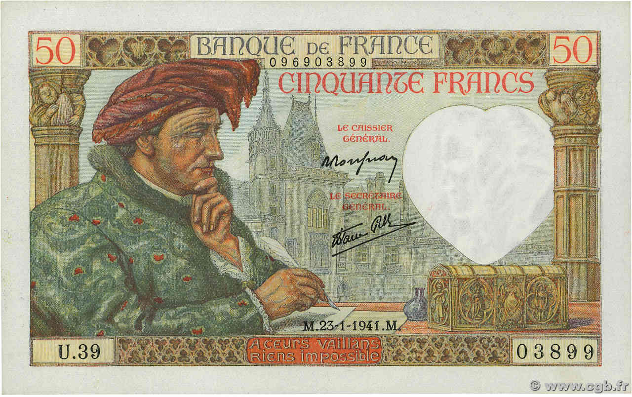 50 Francs JACQUES CŒUR FRANCE  1941 F.19.05 UNC-