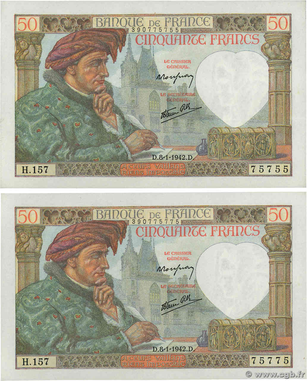 50 Francs JACQUES CŒUR Lot FRANCE  1942 F.19.18 NEUF
